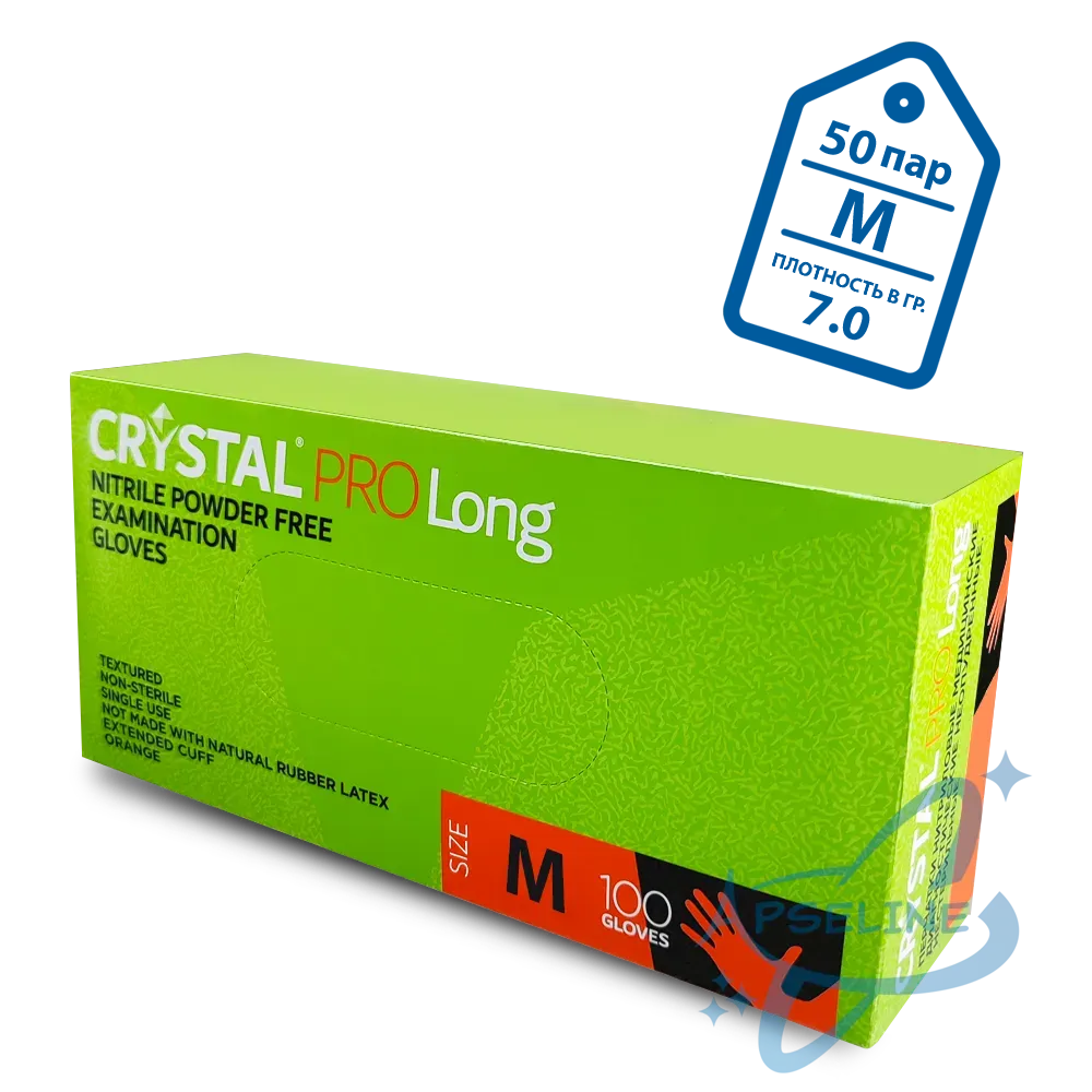 Перчатки нитриловые неопудр.смотровые CRYSTAL PRO Long M 1*10уп*100шт (10%)