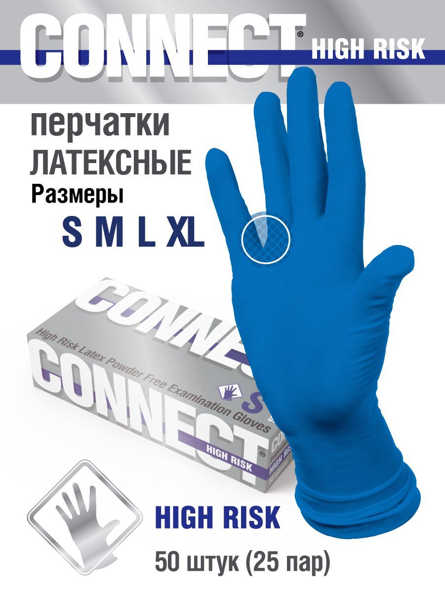 Перчатки CONNECT HIGH RISK POWDER FREE латекс. смотр.нестер. M 1*25пар*250к(10%)