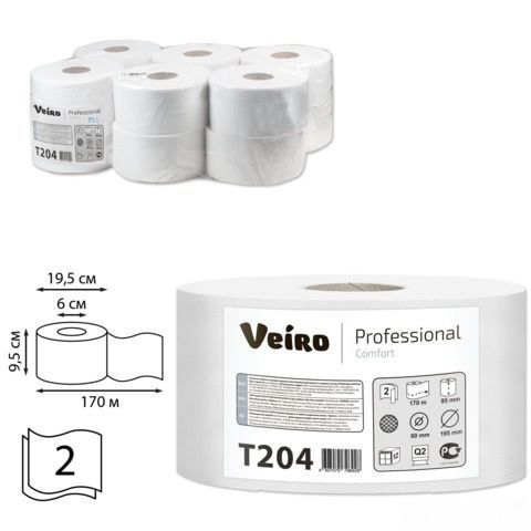 T204 Veiro Professional Сomfort туалетная бумага,2сл.,белая,170м. 1*12
