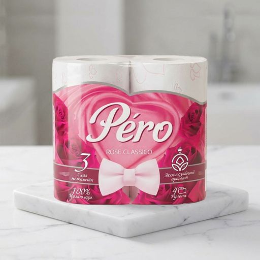 Туалетная бумага "Pero" ROSE 3сл.,4рул.,16,3м.,белый цвет с прокрасом *12 (6743А)
