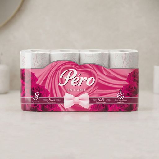 Туалетная бумага "Pero" MIХ 3сл.,8рул.,16,3м.,белый цвет (Rose) *12 (5133)