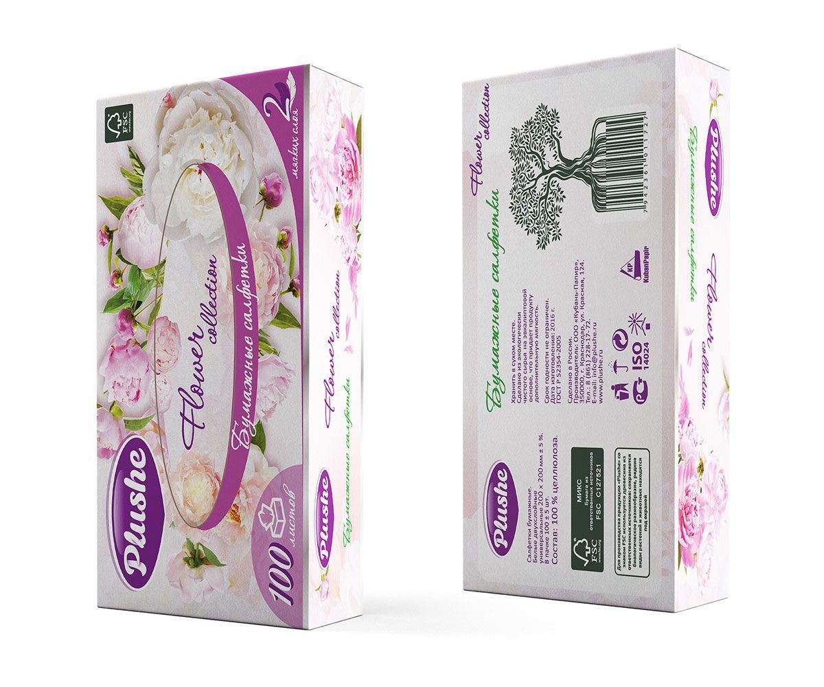 Салфетки бумаж.в короб.,Plushe 100л. 2сл.,V-сложение, Ассорти 1*35 (5524/5614/17937)