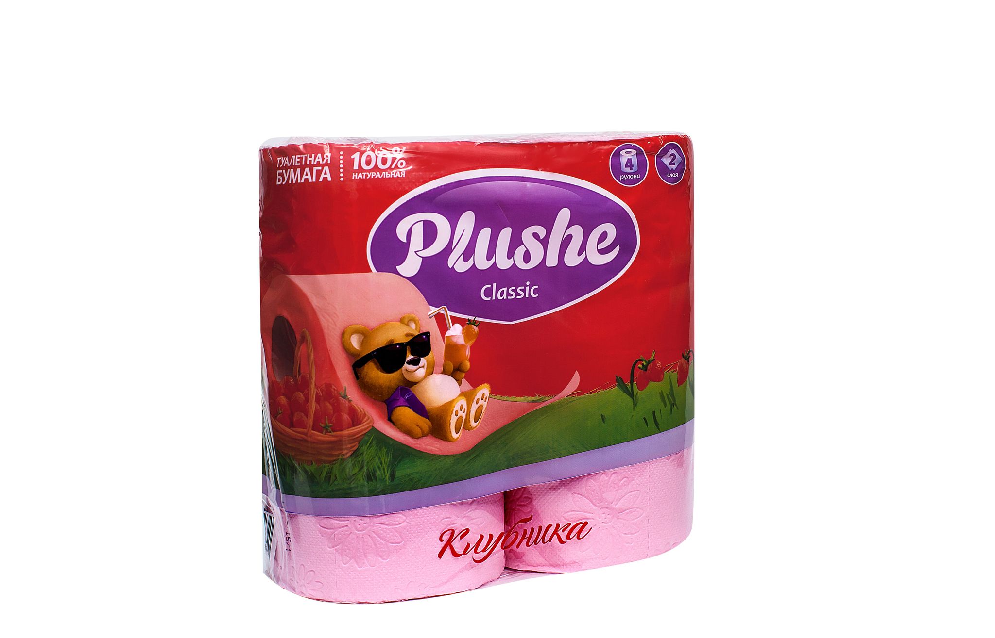 ТБ Plushe Classic "Клубника" 4рул. 2-х сл. по 18м., розовая пастель, сплошное, 1*12уп  (2087)