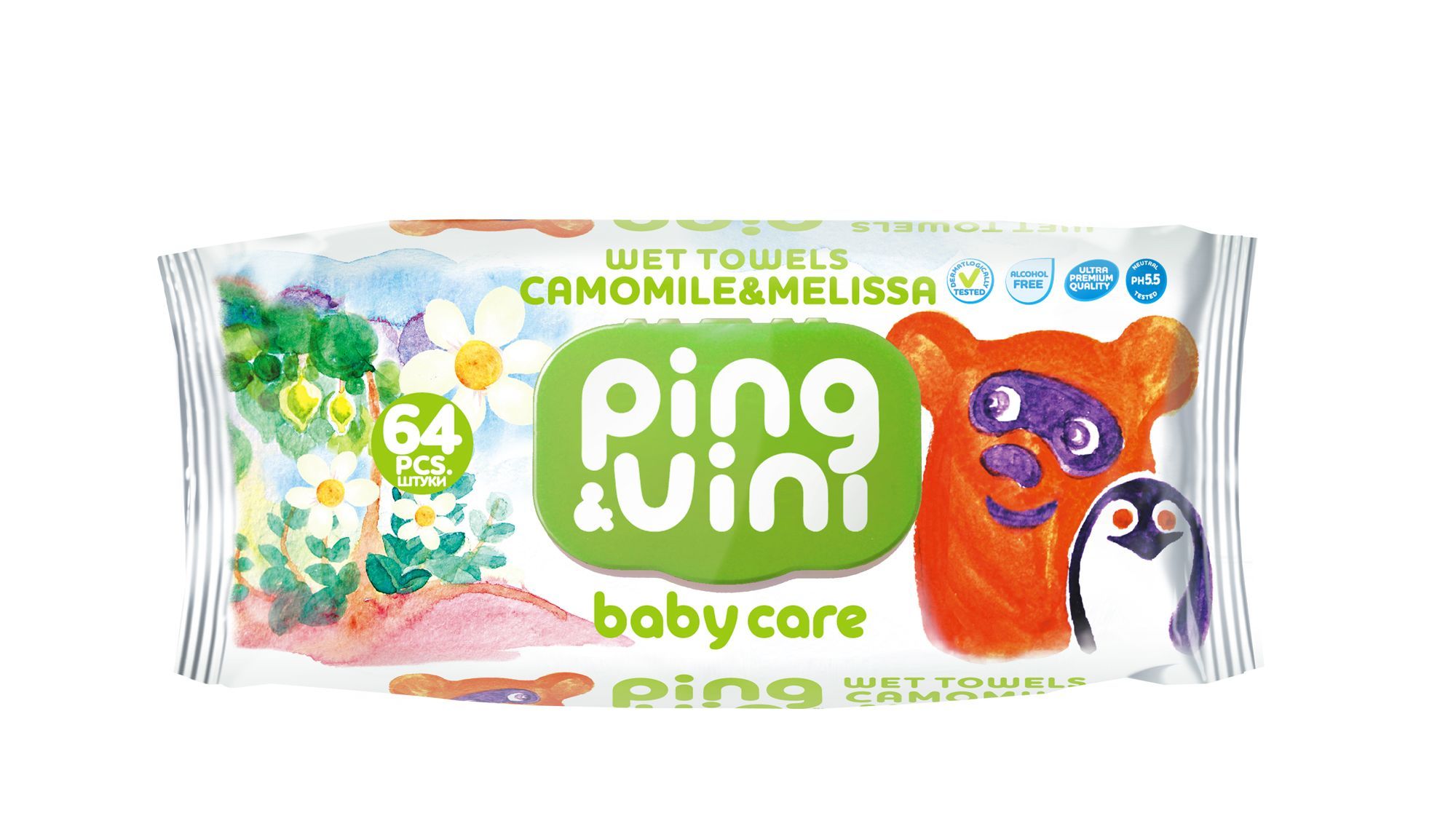 PING&VINI Camomile влажные салфетки с крышкой 64л. Ромашка *18