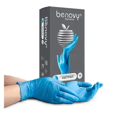 Перчатки нитриловые BENOVY голубые M 1/10*100шт (22%)
