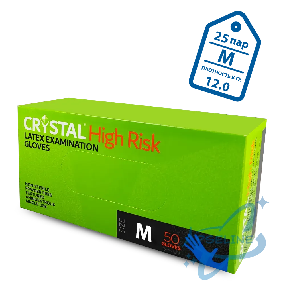 Перчатки латексные неопудр. CRYSTAL HIGH RISK М 1*25пар*250к(10%)